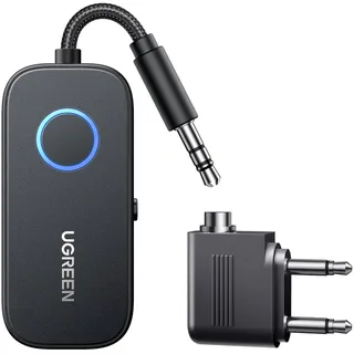 UGREEN aptX Flugzeug Bluetooth 5.3 Sender mit Extra Dual 3.5 mm AUX Adapter, Bluetooth Adapter für Zwei Kopfhörer, 2 in 1 Transmitter Empfänger Kompatibel mit Stereoanlage, Auto, Fitnessstudio