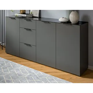 Sideboard "Riano" grau mit Glasauflage Kommode 179 cm, Soft-Close-Funktion - Dunkelgrau, Schwarz