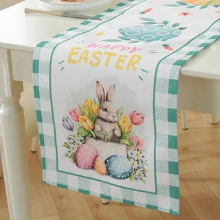 meioro Ostern Kaninchen Eier Tischläufer, 30x140cm Frühlingsferien Tischwäsche, Mode Blume Hase Tischdecke, Osterei Tischdeko für Drinnen und Draußen Küche Esszimmer Hausparty Tisch Dekoration Stil-A