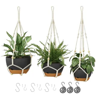 Bamworld 3er-Set Makramee Blumenampeln mit Selbstbewässerung, Hängende Blumentöpfe mit Kette, Ablauflöchern & Untersetzer für Zimmerpflanzen, Schwarz (28/23/20 cm)