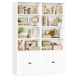 IRONCK Bücherregal mit Türen, Regal Holz mit 6 Ebenen 12 Fächern, Bücherschrank Hochschrank Vitrinenschrank, Einstellbare Regalböden, Standregal für Wohnzimmer Büro Schlafzimmer 108×30×180cm (Weiß)
