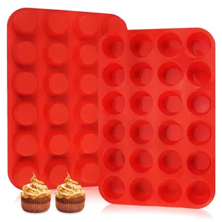 2 Stück Mini Muffinform Silikon, 24 Tassen Muffin Form, Muffinblech Wiederverwendbare, Runde Muffin Backform, Cupcake Förmchen, BPA-Freie, Antihaft, Spülmaschinenfest, für Cupcakes, Brownies, Kuchen