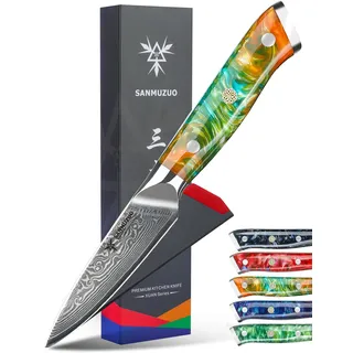 SANMUZUO Schälmesser Damastmesser 9 cm Klinge - Japanisches Obst und Gemüsemesser Officemesser - VG 10 Damaskus Stahl Küchenmesser mit Harzgriff - Xuan Serie(Dream Orange)