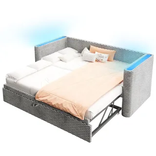 Schlafsofa mit Bettfunktion und LED-Beleuchtung 90x200cm/180x200cm, Liegefläche erweiterbar, Polsterbett, Jugendbett, Samt - Grau