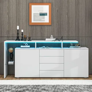 QQJIN 160cm Kommoden & Sideboards Weiß mit LED, 2 Türen, 4 Schubladen & Offenen, Hochglanz Sideboard Weiss für Wohnzimmer, Küche, Flur, Esszimmer,E