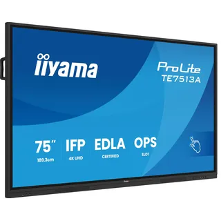 iiyama Prolite TE7513A-B2AG 189.3cm 75" IPS LED interaktives Display 4K UHD 40 Touchpunkte PureTouch-IR+ HDMI DP USB-C DP-Alt USB2.0/3.2 RJ45 WiFi OPS Android 14 Google EDLA PIR NFC AntiGlare 7H 24/7