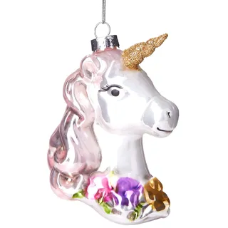 BRUBAKER Einhorn mit Blumenkranz - Handbemalte Weihnachtskugel aus Glas - Mundgeblasener Christbaumschmuck Figuren lustig Deko Anhänger Baumkugel - 9.5 cm