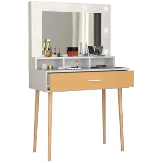 Schminktisch VCM "Schminktisch Beleuchtung Schublade Spiegel Lindas", braun (weiß, honig, eiche), B:80cm T:40cm, Schränke, Schminktisch