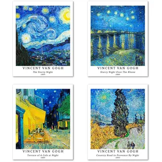 Berkin Arts Kunstdruck Ungerahmt Landschaft Bilder Set von 4, Poster Größe: 20x25 cm Premium Kunstpapier Wanddeko Blue Starry Night Aesthetic Passenden Kinderzimmer Deko Vincent Van Gogh Prints