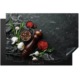 KitchenYeah© Herdabdeckplatte Einteilig Küche Herdabdeckung Induktionsfeld | 81x52 cm - Glaskeramikkochfeld Herdabdeckplatten Vinyl Matte Aufrollbar Kräuter - Paprika - Knoblauch - Beton