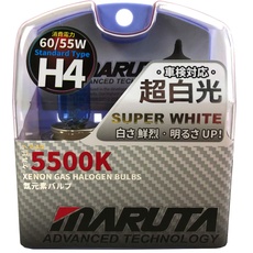 MARUTA SUPER WHITE H4 12V 60/55W Halogenlampe für Scheinwerfer, Abblendlicht & Fernlicht, 5500K Xenon-Effekt, langlebige Xenon-Gas Birne mit hochwertigem Quarzglas & Straßenzulassung (ECE Prüfzeichen)