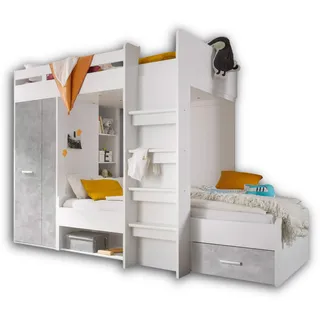 Stella Trading MAXI Hochbett mit Schrank & 2x Liegeflächen 90 x 200 cm - Platzsparendes Kinder Etagenbett in Beton-Optik, weiß - 269 x 180 x 115 cm (B/H/T)