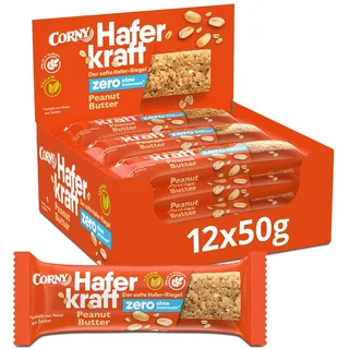 Haferriegel | Corny Haferkraft Zero Peanut | Veganer Müsliriegel ohne Zuckerzusatz | Mit knackigen Erdnüssen | Energiereicher Snack für unterwegs | Großverpackung 12x50g