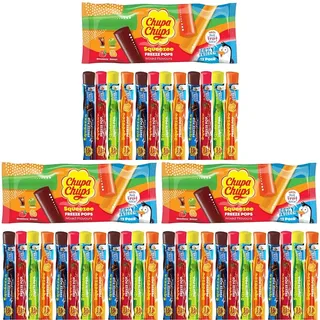 Chupa Chups Squeezee Freeze Pops, 12 x Wassereis zum Einfrieren, vier Sorten Cola, Apfel, Erdbeer, Orange, Eisstangen (12 x 45 ml) (Packung mit 3)