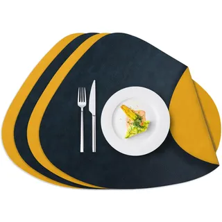 AiiBowy Tischsets Abwaschbar 4er Set, Platzsets Lederoptik - Doppelseitigen, Hitzebeständig, rutschfest, Wasserdicht, Abgrifffeste - Platzdecken PU, Platzdeckchen: 34x42.5cm (Oval, Blau+Gelb)