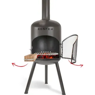 BonFeu BonBono Schwarz - Terrassenofen - Feuerstelle mit Funkenschutz für entspannte Abende - Feuersäule Outdoor - Terrassenkamin mit Grillrost - Gartenofen aus hochwertigem Cortenstahl - 45x45x165cm - Schwarz