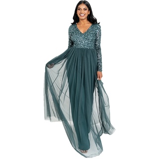 Maya Deluxe Damen Women's Dress Long Sleeve for Wedding Guest V Neck High Empire Waist Maxi Long Length Evening Brides Kleid, Emerald Green, 54 EU