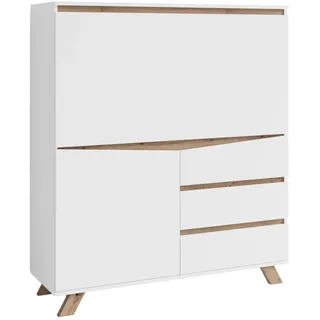 byLIVING Sekretär Valentin, Office-Schrank mit 1 Tür und 3 Schubkästen | Sekretär matt weiß mit Absetzung in Eiche-Optik, Scandi-Style, Grifflos, B 120, H 127, T 38 cm