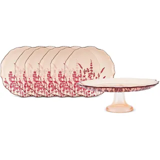KARACA Lavander 7-teiliges Dessert-Set, Kuchenglocke mit Ständer (28 cm), Dessert/Beilagenteller (21 cm), Rot