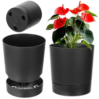 KADAX Blumentopf mit Untersetzer, Durchmesser 34.5cm, Übertopf aus Kunststoff für Innen, Pflanztopf mit Matter Oberfläche für Zimmerpflanzen (Schwarz)