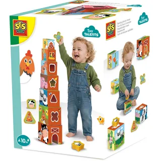 SES Creative - Tiny Talents - Stapelwürfel und Formensortierer 2 in 1 - Bauernhoftiere - Stapelturm Baby - Montessori Spielzeug ab 1 jahre - Sensorik Spielzeug - 7 Stapelklötze im Bauernhof-Thema - Ab