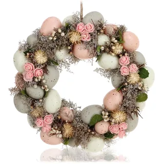 COM-FOUR® Osterkranz mit Blumen und Eiern, dekorativer Tischkranz | Türkranz mit Aufhänger - stylische Osterdekoration
