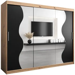 Abiks Möbel Schwebetürenschrank 200/250/62 3-türig , Eiche Artisan, Schwarz , Holz , Nachbildung , 9 Fächer , 250x200x62 cm , Schlafzimmer, Kleiderschränke, Schwebetürenschränke