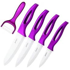 Jeslon Set Keramikmesser 5 Stücke - Keramikmesser Set Kochmesser aus gesundem Zirkonium mit Schutzhülle Ergonomischer Griff Violett - Kochmesser Sets für Fleisch, Brot, Obst & Gemüse