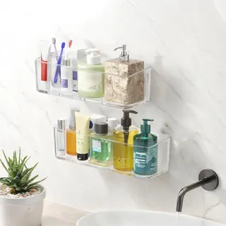 PAVSTINE 2 Stück Duschablage ohne Bohren Transparent mit Ablauföffnungen | Duschregal Badezimmer Organizer, Badregal, Duschkorb mit Ablauföffnungen mit 2 saugnäpfe, Shampoo Halterung für Dusche(Groß)