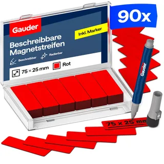 GAUDER Magnetetiketten beschreibbar - Magnetstreifen beschreibbar - Beschreibbare Magnete zum Beschriften - Magnetschilder zum Beschriften - Kanban-Board - Inkl. Marker (90 Stück - 75 x 25 mm)