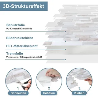 Izrielar Fliesenaufkleber 30x30cm Fliesen-Folie 10 Stück Deko selbstklebende Klebefliesen Weißbraun für Küche Bad Wohnzimmer Zimmer