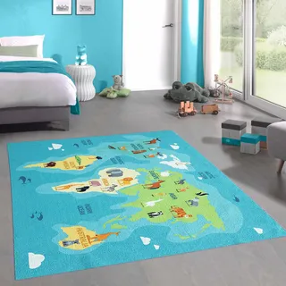 CARPETIA Kinderteppich Weltkarte Tiere Kontinente Türkis Blau 160x220 cm | Rutschfest, pflegeleicht, strapazierfähig, hautsympathisch und schadstofffrei, OEKO-TEX geprüft, für Fußbodenheizung