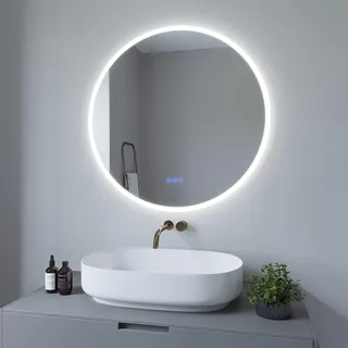 AQUABATOS Badspiegel mit Beleuchtung Rund 80 cm LED Wandspiegel Badezimmerspiegel Lichtspiegel Dimmbar Touch für Wandschalter Kaltweiß 6400K Warmweiß 3000K Spiegelheizung beschlagfrei