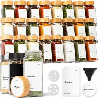 KIVY Gewürzgläser mit Streueinsatz [24x 120ml] + 240 Wasserfeste Label - Luftdichte Gewürzgläser eckig - Gewürzdosen Set - Gewürzstreuer Bambus - Spice jars - Gewürzbehälter mit Holzdeckel