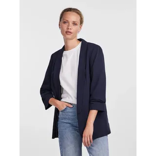 Blusenblazer PIECES "PCBOSELLA 3/4 BLAZER NOOS", Damen, Gr. L, blau (night sky), Web, Obermaterial: 79% Polyester, 16% Viskose, 5% Elasthan, unifarben, slim fit hüftbedeckend, Blazer Blusenblazer, Materialmix, regular fit