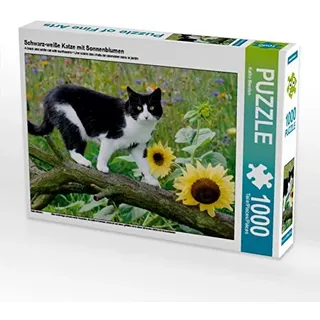 Calvendo Schwarz-weiße Katze mit Sonnenblumen Puzzle