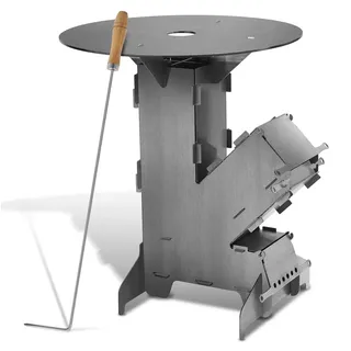 Peviasot Raketenofen Outdoor Grillofen, Steckbarer Campingkocher aus Kohlenstoffstahl mit Grillplatte 50 cm und Feuerhaken für Garten Camping - Grau