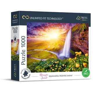 Trefl Prime - Puzzle UFT Romantic Sunset: Seljalandsfoss Waterfall, Iceland - 1000 Elemente - Dickster Karton, Bio, isländische Landschaft, Kreative Unterhaltung für Erwachsene und Kinder ab 12