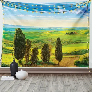 ABAKUHAUS Land Wandteppich, Ländlicher Sonnenuntergang in Italien, Wohnzimmer Schlafzimmer Heim Seidiges Satin Wandteppich, 200 x 150 cm, Grün Blau
