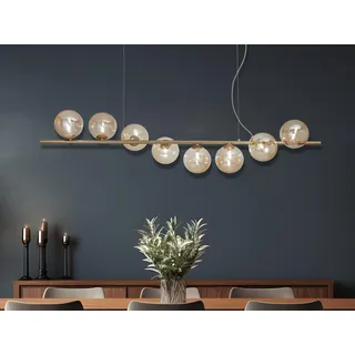 Ausgefallene LED Pendelleuchte lang mehrflammig Gold & Glaskugeln für Esstisch