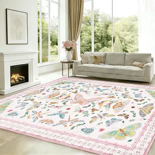 Alishomtll Teppich Läufer 200x280 cm, Rosa Vintage Schmetterling&Insekt Teppich, rutschfest Waschbar Küchenteppich, Weich Kurzflor Flurläufer für Wohnzimmer Schlafzimmer Kinderzimmer Küche Eingang