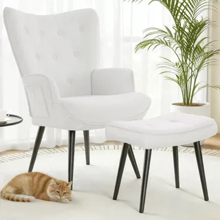 CLEVICH Ohrensessel - Gemütlicher Loungesessel mit Hocker, Lesesesselaus, Teddystoff Armchair für Wohnzimmer & Schlafzimmer - Bis 168kg, Weiß