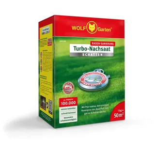 WOLF-Garten LR-S 50 Turbo-Nachsaat „SCHATTEN“ für 50 m2, hohe Dichte mit ca. 100.000 Trieben/m2, speziell auf schattige Lagen, mit WOLF-Garten Keimgarantie, im 1kg Karton) 3826636