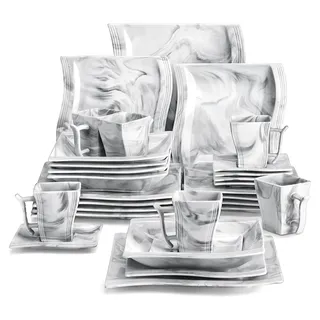 FLORA Geschirrset, 30-teiliges Marmor Teller Set für 6 Personen, Eckiges Geschirr Set aus Porzellan inkl. 6x Speiseteller, Dessertteller, Suppenteller, Kaffeetassen, Untertassen, Grau - Grau