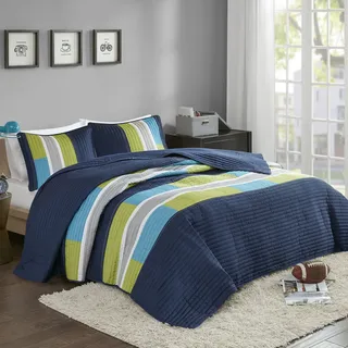 Comfort Spaces 3 Piece Quilt Coverlet Bedspread All Season Lightweight Hypoallergenic Pipeline Colorblock Kids Bedding Set, Full/Queen, Pierre Navy/Blue Stripe