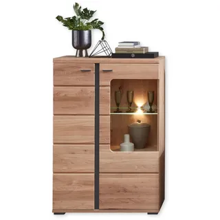 Vitrine in Altesche massiv, Old Artisan Oak Optik FSC-Zertifiziert - Moderner Vitrinenschrank mit LED-Beleuchtung und viel Stauraum - 90 x 134 x 38 cm (B/H/T)