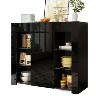Modfu Sideboard aus Spanplatte 95x35x83 cm Schwarz mit Hochglanz-Front, Glaseinlegeböden und Schranktür , Holzwerkstoff , 95x83x35 cm , Kleinmöbel, Kommoden, Sideboards