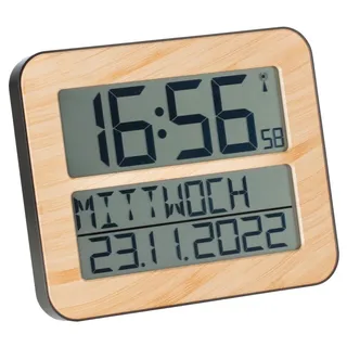 TFA Dostmann Digitale Funk-Wanduhr Timeline Max, 60.4512.01, übersichtliche Funkuhr, Demenzuhr, Küchenuhr, mit ausgeschriebenem Wochentag & Datum, mit Weckfunktion, 25,8 x 3 x 21,2 cm (Holzoptik)
