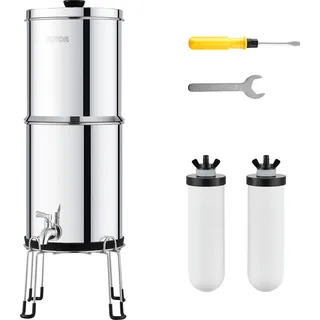 Vevor Schwerkraft Wasserfiltersystem Edelstahl Arbeitsplattensystem 7,8+8,5 L Wasserfiltrationssystem, reduziert Blei und bis zu 99 % Chlor, mit 2 Keramik-Kohlefiltern & Zapfhahn, Camping Wohnmobil - Silber