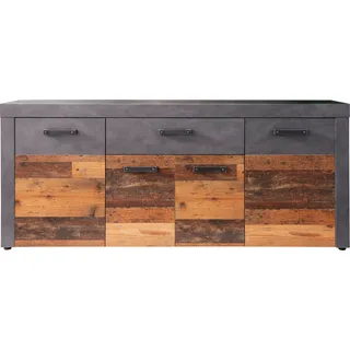 Niedriges INDY-Sideboard mit 4 Türen und 1 Schublade – Altholz und mattgraues Melamin – 178 x 40 x 77 cm - Grau